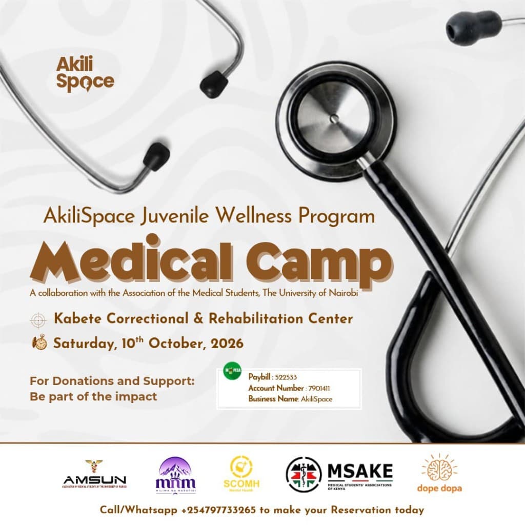 Poster for the AkiliSpace Juvenile Wellness Program Medical Camp at Kabete Correctional and Rehabilitation Center.